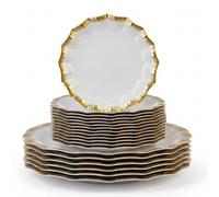 Luxia 20Pcs Elegant White Plastic Plate with Gold Edge Design - Reusable 10 Dinner and 10 Dessert Plates Set -Hard Plastic Plates for Parties, Weddings, Birthday Events, Elegant Party Tableware