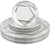 Luxia 20Pcs Elegant White & Silver Abstract 10 Dinner Plastic Plates and 10 Dessert Plates Set Durable, Reusable Plastic Plate Modern Abstract Design Tableware Party Event