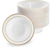 Luxia 20Pcs Premium Gold Rim Plastic Bowls - Durable & Reusable Heavy Duty White Tableware - Elegant Soup & Dessert Bowls for Weddings, Catering, Buffets, BBQ, Birthdays, and Parties(White & Gold)