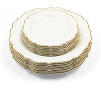 Luxia 20Pcs Scalloped Plastic Plate Set with Decorative Gold Border - Reusable Dinner & Dessert Plates, Hard Plastic Plates for Parties, Weddings, Birthday Events, Elegant Party Tableware