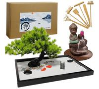 LuXianYS Zen Garden Meditation Gift Set 12x8in, Japanese Zen Sand for Desk, Mini Rock Garden Gift Set with Backflow Incense Burner, 6 Tools