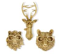 Luxicoze Gold 3pcs Animal Heads Wall Decor - Victorian-Style Lion Head, Bear Head, and Deer Head Wall Mount Decor, Adorned with Spectacles, Resin Home Decor Sculptures for Artistic Living Rooms