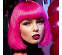Luxiremi Bob Wigs for Women 12 Inch Synthetic Short Straight Hot Pink Wig with Fringe Role Play Hollywood Wear