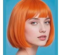 Luxiremi Bob Wigs for Women 12 Inch Synthetic Short Straight Orange Wig with Fringe Role Play Hollywood Wear
