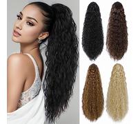 Luxiremi Curly Ponytail Hairpiece Clip Extension with Drawstring Long 22 Inches Saddle Brown Mix Camel Brown Hairpiece Ponytail Extension Ponytail Extension