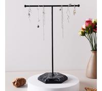 Luxiremi Jewellery Organiser Stand, T-Bar Necklace Display Stand Earrings Holder Metal Hanging Pendant Rack with Marble Pattern Tray, Jewelry Display Stand for Bracelets Rings Watches Keys (Black)