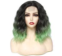 Luxiremi Ombre Green Natural Short Hair Wig 35 cm Adjustable Middle Part Lace Front Curly Wavy Wigs for Women Daily Carnival