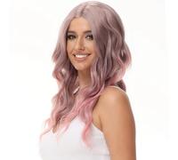 Luxiremi Pink Long Hair Wig Synthetic 65 cm Adjustable Middle Part Lace Front Curly Wavy Wigs for Women