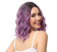 Luxiremi Purple Short Hair Wigs Synthetic 35 cm Adjustable Middle Part Lace Front Curly Wavy Wigs for Women