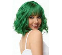 Luxiremi Wigs Natural Green Short Shoulder Length Curly Wavy Wig Bob with Fringe Synthetic Cosplay Wig for Women