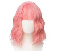 Luxiremi Wigs Natural Pink 12 Inch Short Shoulder Length Curly Wavy Bob with Fringe Synthetic Cosplay Wigs for Women Carnival