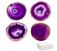 Luxiv Purple Agate Coasters Set of 4 with Gift Box, 3-4 Agate Coasters for Drinks Natural Crystal Coasters with Gold Edge Brazilian Geode Stone Coaster for Coffee, Drinks, Tea (Purple, 3-4 inches)