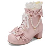 LUXMAX Women Cute Lolita Boots Chunky Mid Heel Ankle Boots with Bow Platform Lace Up Booties with Pearl, Pink, 7 UK