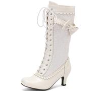 LUXMAX Women Gothic Victorian Boots Low Kitten Heel Mid Calf Boots Lace Up Cute Bow Boots for Ladies Witch Shoes, White, 7 UK