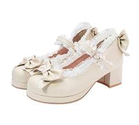 LUXMAX Women Kawaii Mid Block Heel Mary Jane Rockabilly Pumps with Bow Platform Chunky Heel Cute Sweet Shoes, Beige, 6 UK