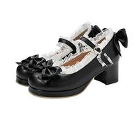 LUXMAX Women Kawaii Mid Block Heel Mary Jane Rockabilly Pumps with Bow Platform Chunky Heel Cute Sweet Shoes, Black, 4 UK