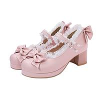 LUXMAX Women Kawaii Mid Block Heel Mary Jane Rockabilly Pumps with Bow Platform Chunky Heel Cute Sweet Shoes, Pink, 12.5