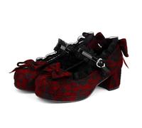 LUXMAX Women Kawaii Mid Block Heel Mary Jane Rockabilly Pumps with Bow Platform Chunky Heel Cute Sweet Shoes, Red-lace, 5 UK