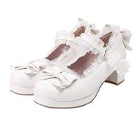 LUXMAX Women Kawaii Mid Block Heel Mary Jane Rockabilly Pumps with Bow Platform Chunky Heel Cute Sweet Shoes, White, 5.5