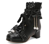 LUXMAX Women Lace Up Ankle Boots with Bow Kawaii Shoes Chunky Mid Heel Japanese Cosplay Shoes Platform Cute Lolita Boots, Black-01, 7 UK