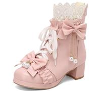 LUXMAX Women Lace Up Ankle Boots with Bow Kawaii Shoes Chunky Mid Heel Japanese Cosplay Shoes Platform Cute Lolita Boots, Pink-01, 7.5 UK