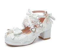 LUXMAX Women's Kawaii Shoes Cross Strap Pumps Cute Ankle Strap Mary Jane Shoes Wedding Lace Mid Chunky Heel Pumps, White, 4.5 UK