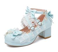 LUXMAX Women's Kawaii Shoes Cross Strap Pumps Cute Ankle Strap Mary Jane Shoes Wedding Lace Mid Chunky Heel Pumps, Blue, 4.5 UK