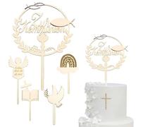 Luxorium Communion Decoration Cake Decoration Wooden 5-Piece Set Cake Topper Communion First Communion Dove Fish Cake Decoration for Girls Boys