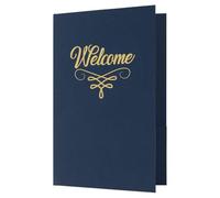 LUXPaper 6" x 9" Small Welcome Folders | Two Pocket | Dark Blue Linen | Gold Foil Flourish | 100lb. Cover | 25 Qty