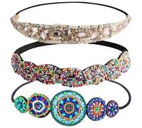 Luxshiny 3Pcs Elastic Beaded Headbands for Women - Colorful Seed Beads, Round Rhinestone Circle Light Pink Gem Hairbands - Vintage 70S Style Hair Accessories for Daily Wear and Special