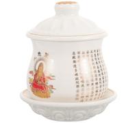 Luxshiny Ceramic Buddhist Water Offering Cup for Temple Worship with Lid and Tray Versatile and Multi-Functional Water Cup Suitable for Offering Ritual and Storage Elegant Religious Style