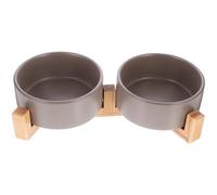 Luxshiny Ceramic Pet Feeder Double Bowls with Wood Stand, Non-slip Medium Grey Dog and Cat Food Water Dishes Raised Feeding Bowl for Home Use