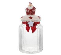 Luxshiny Christmas Cookie Jar Glass Candy Jar with Santa Claus Lid and Bow Storage Container Cookie Canister for House Decoration Red L