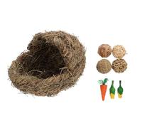 Luxshiny Handwoven Pet Grass Nest Set with 4 Slipper Balls and B Carrot Natural Reed Grass Woven Rabbit and Hamster Resting Hut for Bedding and Chewing