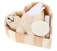 Luxshiny Heart-shaped Bathing Supplies Set Fashionable Wooden Rubbing Bath Tools with Bath Glove Face Brush Loofah Slice Foot Rubbing Stone Bear for Travel and Hotel