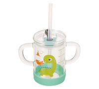 Luxshiny Kids Straw Cup with Lid 250ml Transparent Glass Learn to Drink Trainer Cup with Handle and Measurement Scale Microwave Safe Cute Dinosaur Design for Boys and Girls