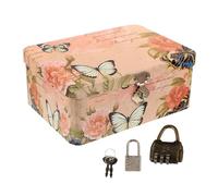 Luxshiny Rectangular Small Iron Storage Box with Combination Lock, Cute Desktop Organizer Case for Cosmetics and Trinkets, Rose Butterfly Pattern Locked Metal Container for Home Use