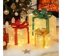 Luxspire Christmas 3 PCS Lighted Gift Boxes, Large Christmas Decorations Outdoor Indoor with Remote Control, USB Plug in Glam White Silver Present with Bows Under Tree, Xmas Decor for Home Porch Lawn