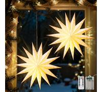 Luxspire Christmas Paper Star Lantern, 2 Pack Hanging Paper Snowflake Lights with LED Light Beads Remote Control, Foldable Decorative Papers Lantern Lights for Christmas Holiday Party, 14-Point Star