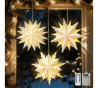 Luxspire Christmas Paper Star Lantern, 45cm Hanging Paper Stars Decorations with String Lights & Remote Control, 3 Pack Foldable Papers Lantern Lights for Christmas Holiday Party