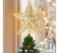 Luxspire Christmas Tree Topper, 3D Lighted Christmas Tree Star with Remote & USB, Star for Christmas Tree Top, 9.8" Christmas Star for Holiday Decorations, 6H Timer & 8 Lighting Modes, Gold