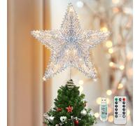 Luxspire Christmas Tree Topper, Glitter Christmas Tree Star Lights, Remote Control & USB Operated Star Tree toppers for Home Party Decoration, 6H Timer & 8 Lighting Modes, Silver