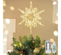 Luxspire Christmas Tree Topper, Lighted Star Tree Topper with USB Plug-in & Remote Control, 9.8" LED Metal Christmas Decorations Light, Xmas Trees Decor for Home Party, Crystal Hexagram-Gold