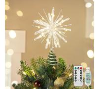 Luxspire Christmas Tree Topper, Lighted Star Tree Topper with USB Remote Control, 10"Clear Metal Decorations Lights,Light Up Xmas Stars Vintage Modern Ornaments for Home Party, Echinoid Star-Silver