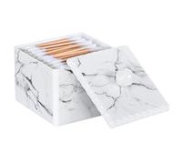 Luxspire Cotton Swab Storage Box with Lid, Q-Tip Swab Holder Cotton Ball Canister Jar Cotton Bud Round Dispenser Box, Cosmetics Makeup Countertop Vanity Bathroom Organizer Containers, Marble White