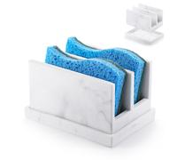 Luxspire Kitchen Sponge Holder for Sink, Resin Dish Sponge Holder with 2 Compartments, Sponge Caddy for Kitchen Sink Counter, Sponge Holder with Drain Tray, Gravel White