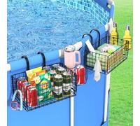 Luxspire Poolside Storage Basket 2 Sets, Above Ground Pool Basket with Pool Cup Holder, Anti-rust Metal Foldable Pool Baskets for Pool Toy Storage, Pool Drink Holder, Hangable Storage Basket, Black