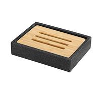 Luxspire Resin Soap Dish Tray, Bamboo Bar Holder Box for Shower Kitchen Sink, Double Layer Draining Container, Wood Case, Bathroom Marble Pattern Tray, Gravel Black