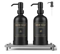 Luxspire Soap Dispenser Set, Hand Soap Dispensers with Fast Drying Tray, 17 oz Glass Refillable Liquid Bottle for Bathroom & Kitchen, Kitchen, 2 Pack, Black + Dark Gray