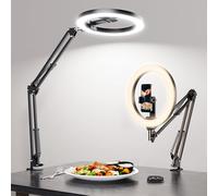 LUXSURE Overhead Phone Mount with Ring Light, 10" Desk Ring Light with Phone Holder, Flexible Boom Arm, 3 Colour Modes 10 Brightness Levels, Bluetooth Remote for TikTok YouTube Cooking Nail Art